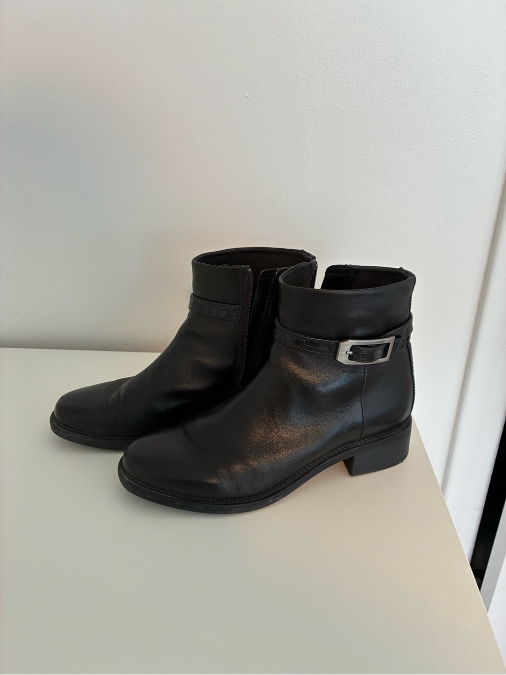 Clarks Black Leather Ankle Boots with Buckle Accent